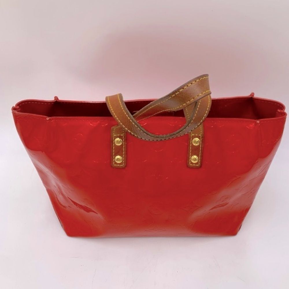 Auth Louis Vuitton Mini Red LV Monogram Vernis Tote Vachetta Leather Handles - Picture 5 of 14